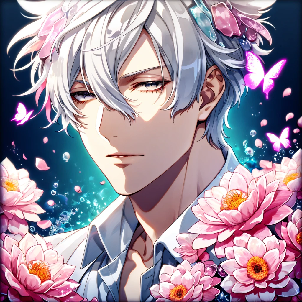 absurdres, highres, ultra detailed, HDR, master piece, best quality, Makishima Shougo, white hair, expressive gray eyes, psycho pass, solo, sexy man, handsome, white clothes, magical, fantasy, shining, pink flowers, pink blossoms, pink butterflies, pink petals, water