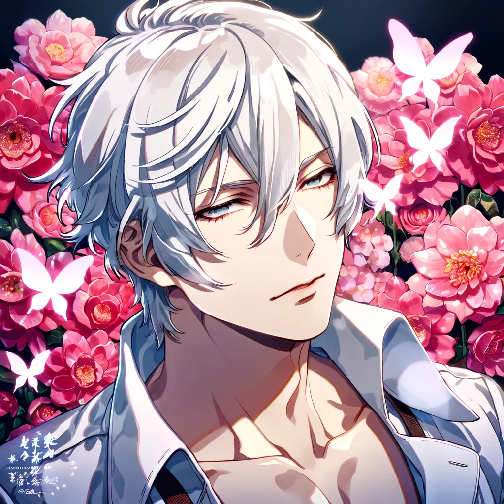 absurdres, highres, ultra detailed, HDR, master piece, best quality, Makishima Shougo, white hair, expressive gray eyes, psycho pass, solo, sexy man, handsome, white clothes, magical, fantasy, shining, pink flowers, pink blossoms, pink butterflies, pink petals, water