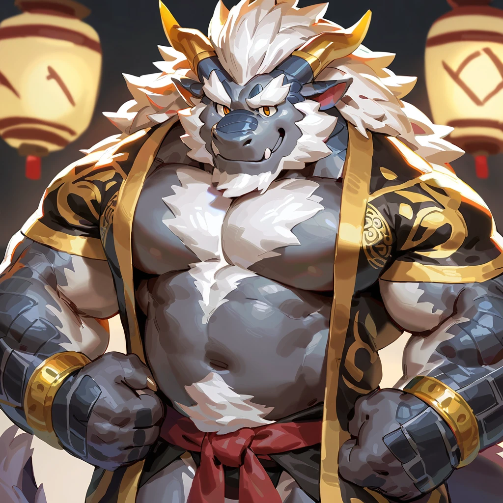(artist: jacketbear,lindong, null-ghost, dangpa, gamma_g, kulplant),male, sfw, eastern dragon, , bara, big chest, simple bg,lamp lighting, one fluffy tail, old man, fluffy mane, , grey body, white hair, solo, scales, detailed scales, golden decals, open black and gold kimono, dragon horns, yellow iris, big eyes, white beard, fluffy hair, detailed face:2.0, one tail, masterpiece:2.0, perfect eyes:2.0, good anatomy:2.0, full body:2.0