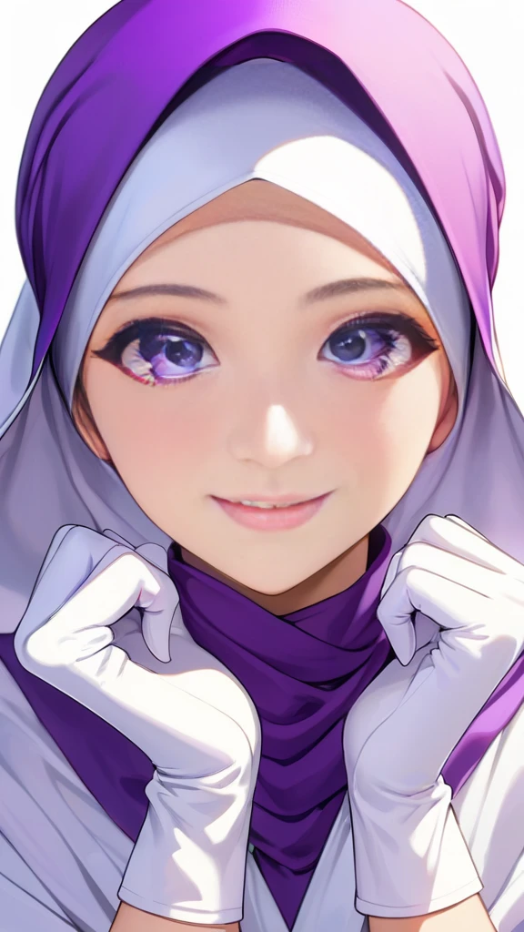 High-resolution anime digital art, Masterpiece, Female, Tomboy, Mature, Humble, Kind, Smart, pupil purple eyes, wearing white hijab, Wearing long purple dress, Women's white fabric gloves, happy face, vivid colours, white plain background.