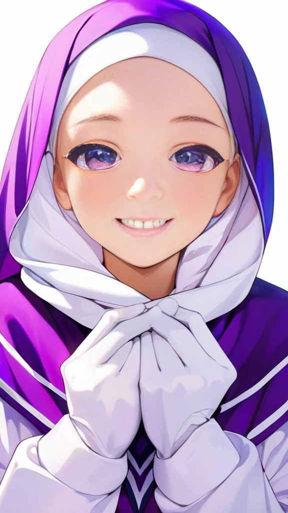 High-resolution anime digital art, Masterpiece, Female, Tomboy, Mature, Humble, Kind, Smart, pupil purple eyes, wearing white hijab, Wearing long purple dress, Women's white fabric gloves, happy face, vivid colours, white plain background.