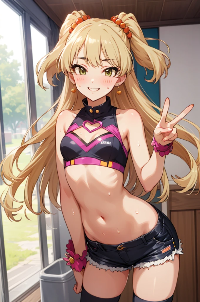 , aarika, long hair, two side up, hair bobbles, small breasts, looking viewer,evil smile,,crop top,bare arms,navel,shorts,thighhighs,(((Gyaru))),indoor,blush,sweating,peace sign,standing