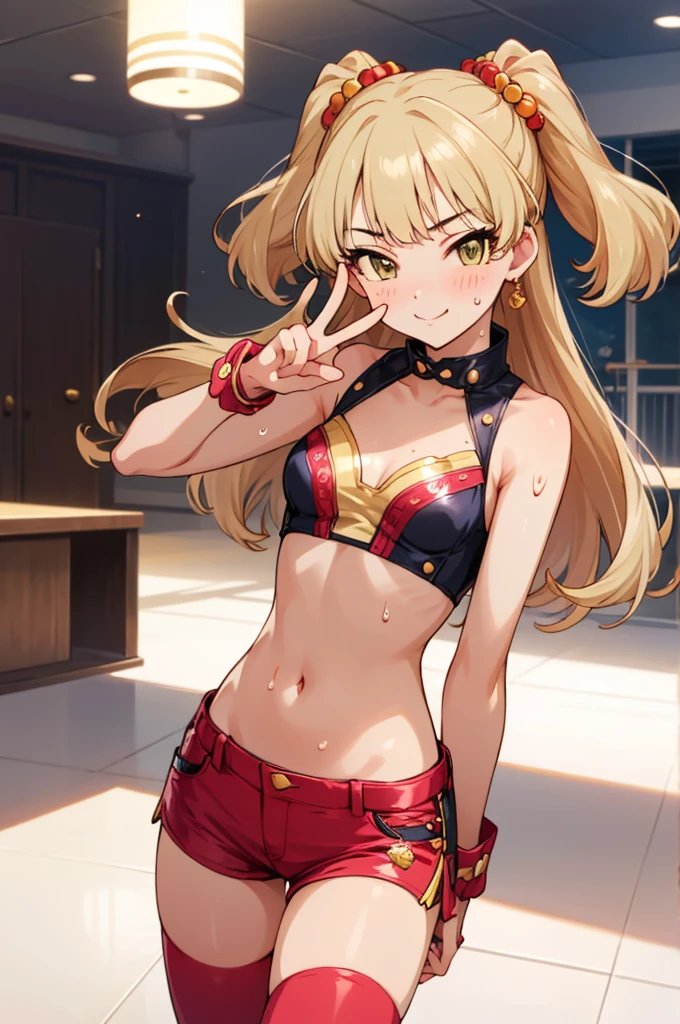 , aarika, long hair, two side up, hair bobbles, small breasts, looking viewer,evil smile,,crop top,bare arms,navel,shorts,thighhighs,(((Gyaru))),indoor,blush,sweating,peace sign,standing