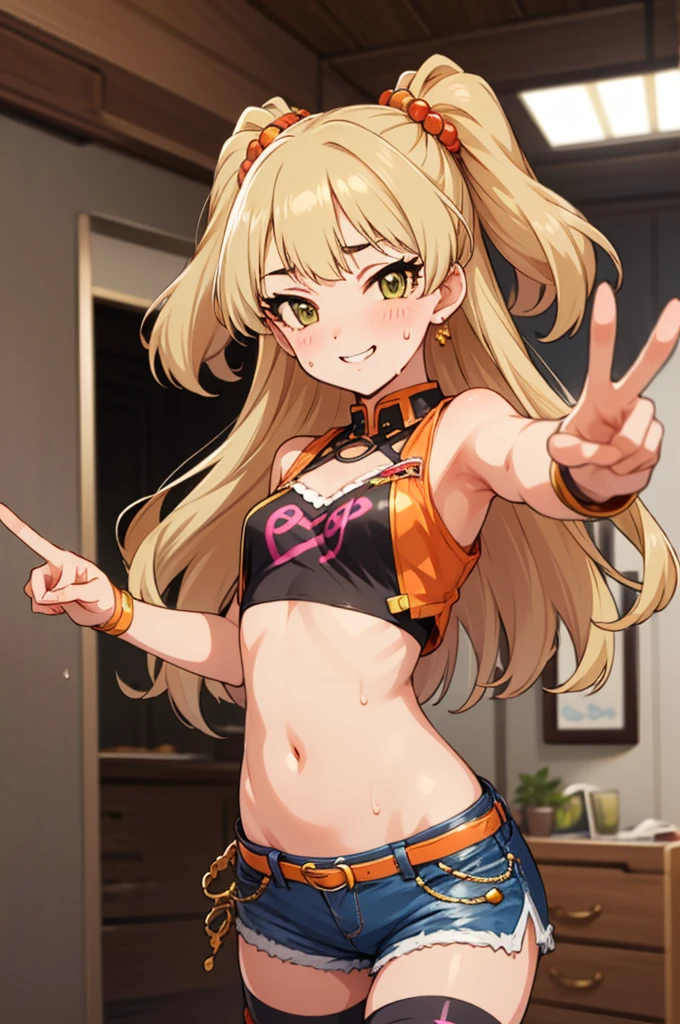 , aarika, long hair, two side up, hair bobbles, small breasts, looking viewer,evil smile,,crop top,bare arms,navel,shorts,thighhighs,(((Gyaru))),indoor,blush,sweating,peace sign,standing