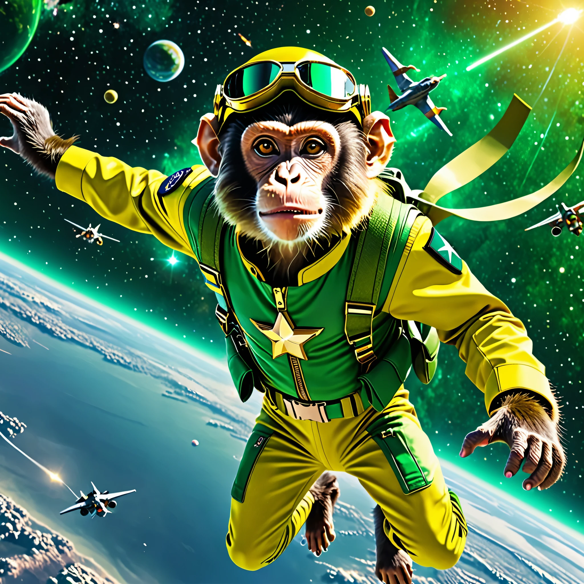 A monkey flying in the galaxy with fascist dictator clothes, militay clothes, yellow and green clothes, Brazilian monkey, galaxy, ultra quality, 8K, perfect details, cinematic light, afrofuturism