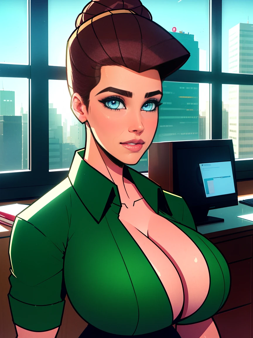 Extremely busty brunette secretary, college girl, fair skin, green eyes, loose updo, (((large nose))), soft face, athletic, huge , warmly lit office, windows, blue skies