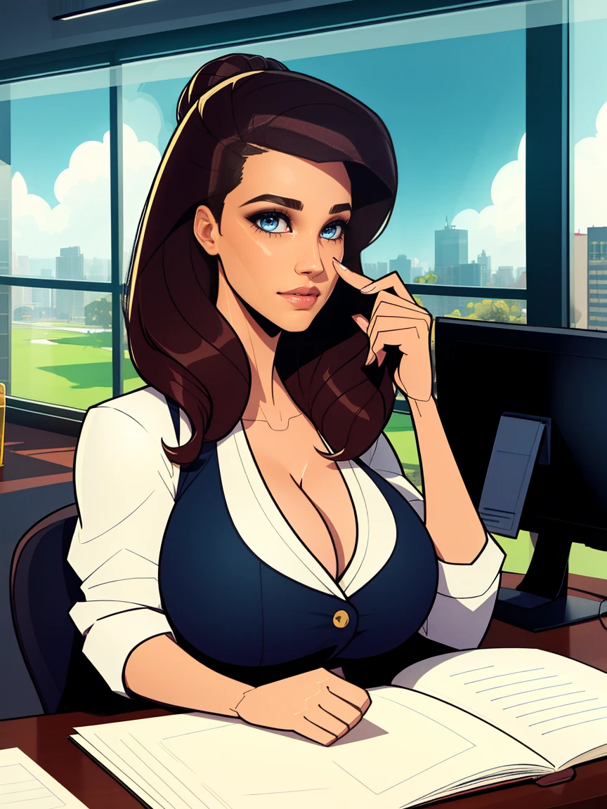 Extremely busty brunette secretary, college girl, fair skin, green eyes, loose updo, (((large nose))), soft face, athletic, huge , warmly lit office, windows, blue skies