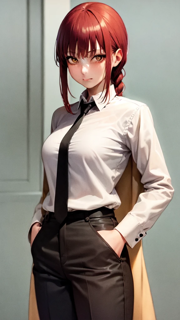 (masterpiece, best quality:1.2), cowboy shot, solo, 1girl, makima, expressionless, closed mouth, looking at viewer, hands in pockets, braided ponytail, ringed eyes, formal, coat, collared shirt, black necktie, black pants