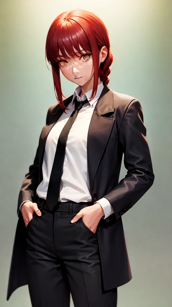 (masterpiece, best quality:1.2), cowboy shot, solo, 1girl, makima, expressionless, closed mouth, looking at viewer, hands in pockets, braided ponytail, ringed eyes, formal, coat, collared shirt, black necktie, black pants