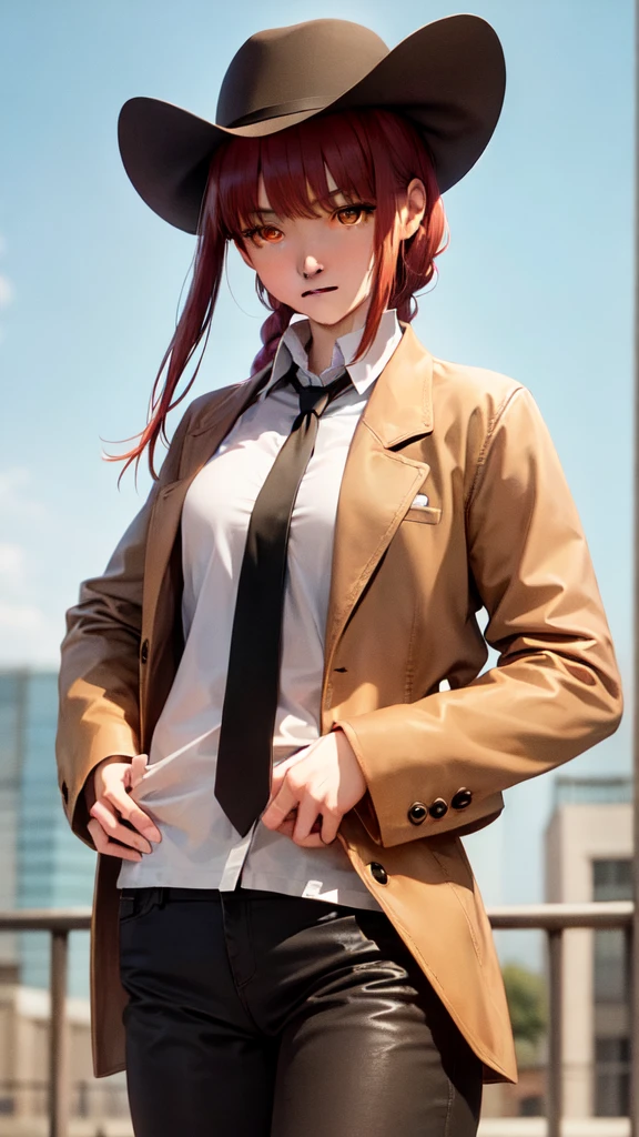 (masterpiece, best quality:1.2), cowboy shot, solo, 1girl, makima, expressionless, closed mouth, looking at viewer, hands in pockets, braided ponytail, ringed eyes, formal, coat, collared shirt, black necktie, black pants