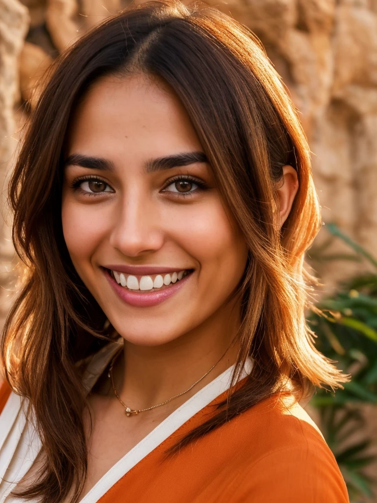 28YO, one women, cute smile, white teethes, Arab, from Jordan, long burnt orange shirt, light brown eyes