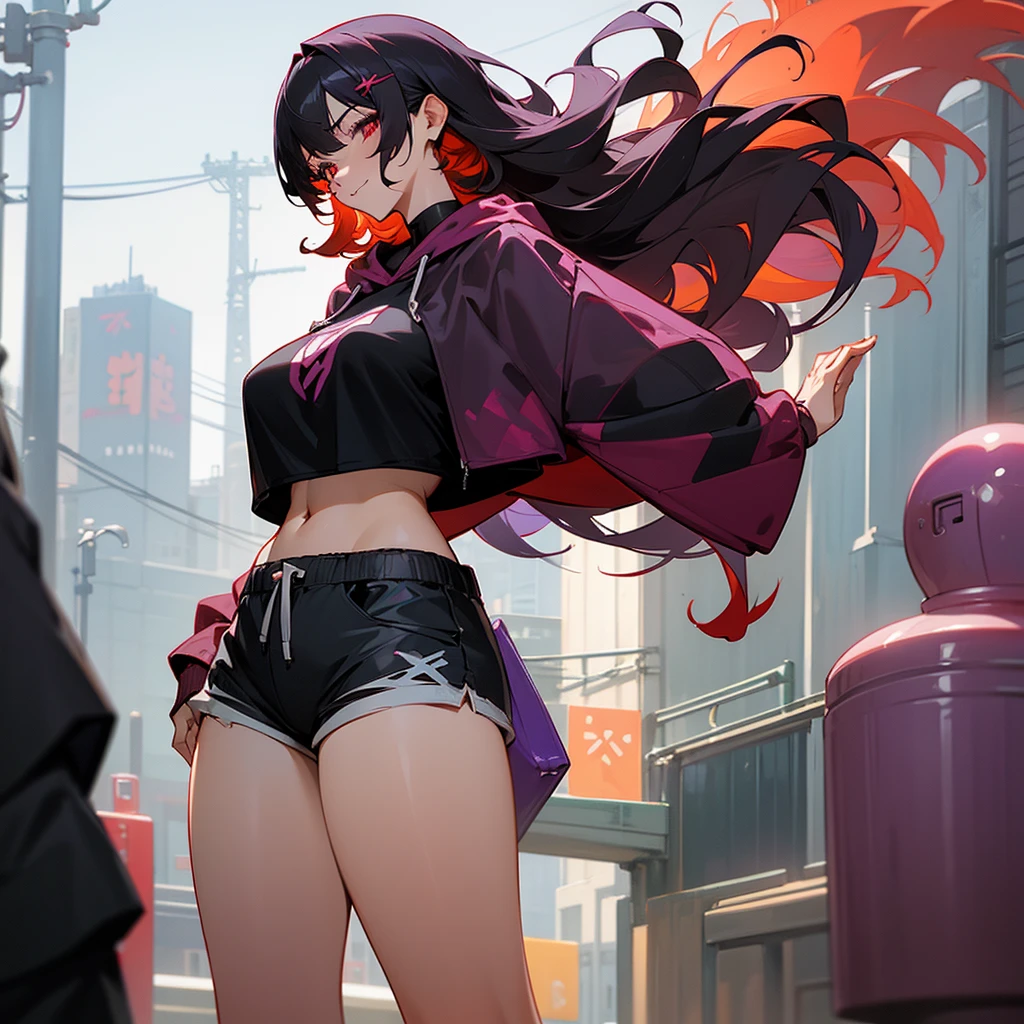 1female, adult, sexy, finely detailed crimson eyes, curly medium hair, two tone hair color, eggplant hair color, black hair color, oversized crop top hoodie, baggy shorts, standing on building, day time, tokyo streets, calm expression, smile, flowers
