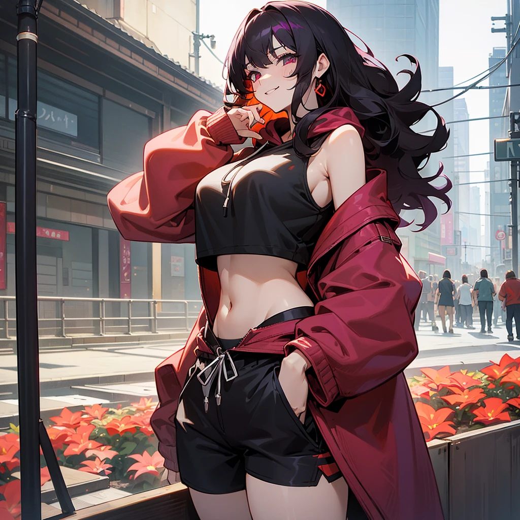 1female, adult, sexy, finely detailed crimson eyes, curly medium hair, two tone hair color, eggplant hair color, black hair color, oversized crop top hoodie, baggy shorts, standing on building, day time, tokyo streets, calm expression, smile, flowers