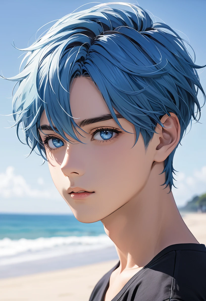 boy, very short hair, blue hair, Blue eyes