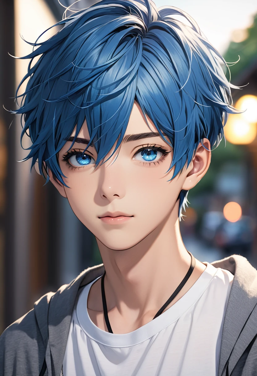 boy, very short hair, blue hair, Blue eyes