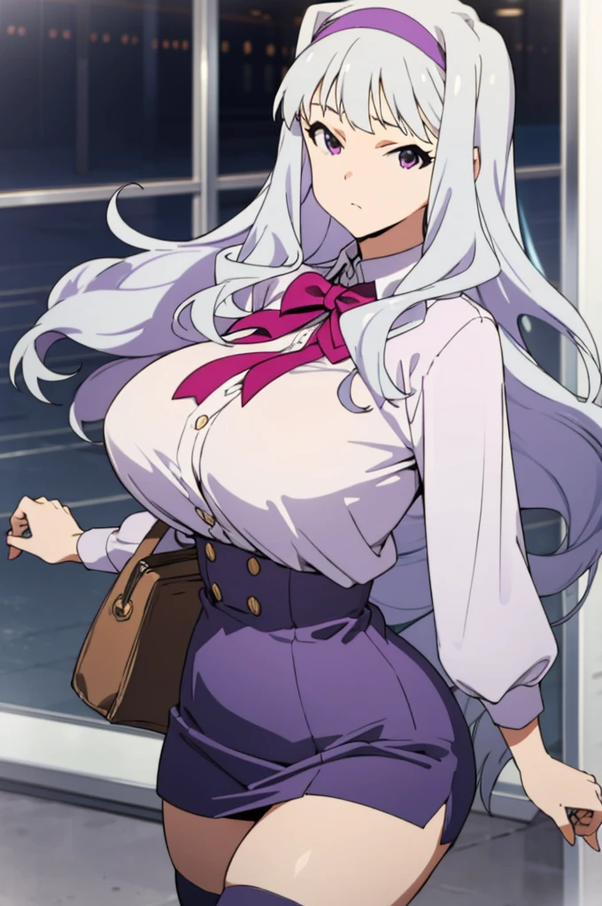 , solo, 1girl, takane shijou, purple hairband, big , shirt, bow, looking at viewer, huge breasts,thighhighs,high waist miniskirt,