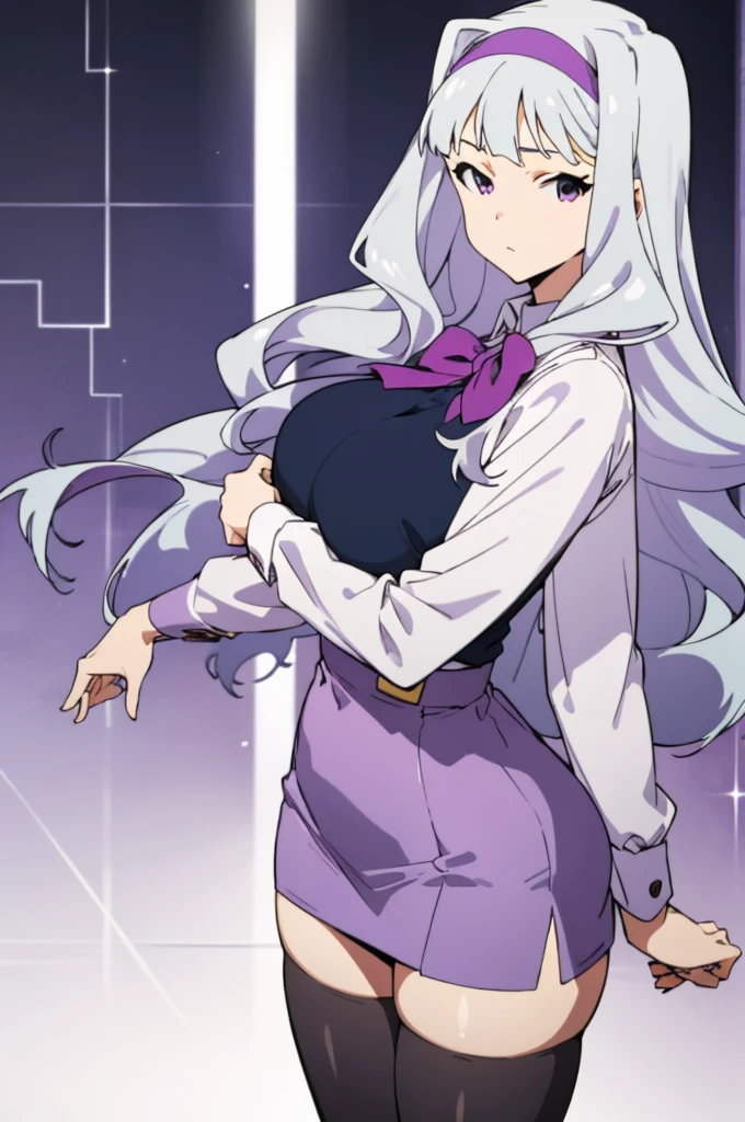 , solo, 1girl, takane shijou, purple hairband, big , shirt, bow, looking at viewer, huge breasts,thighhighs,high waist miniskirt,