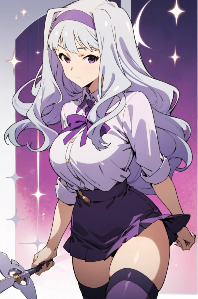 , solo, 1girl, takane shijou, purple hairband, big , shirt, bow, looking at viewer, huge breasts,thighhighs,high waist miniskirt,