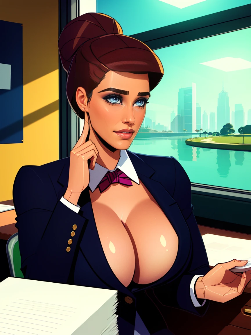 Extremely busty brunette secretary, college girl, fair skin, green eyes, loose updo, (((large nose))), soft face, athletic, huge , warmly lit office, windows, blue skies