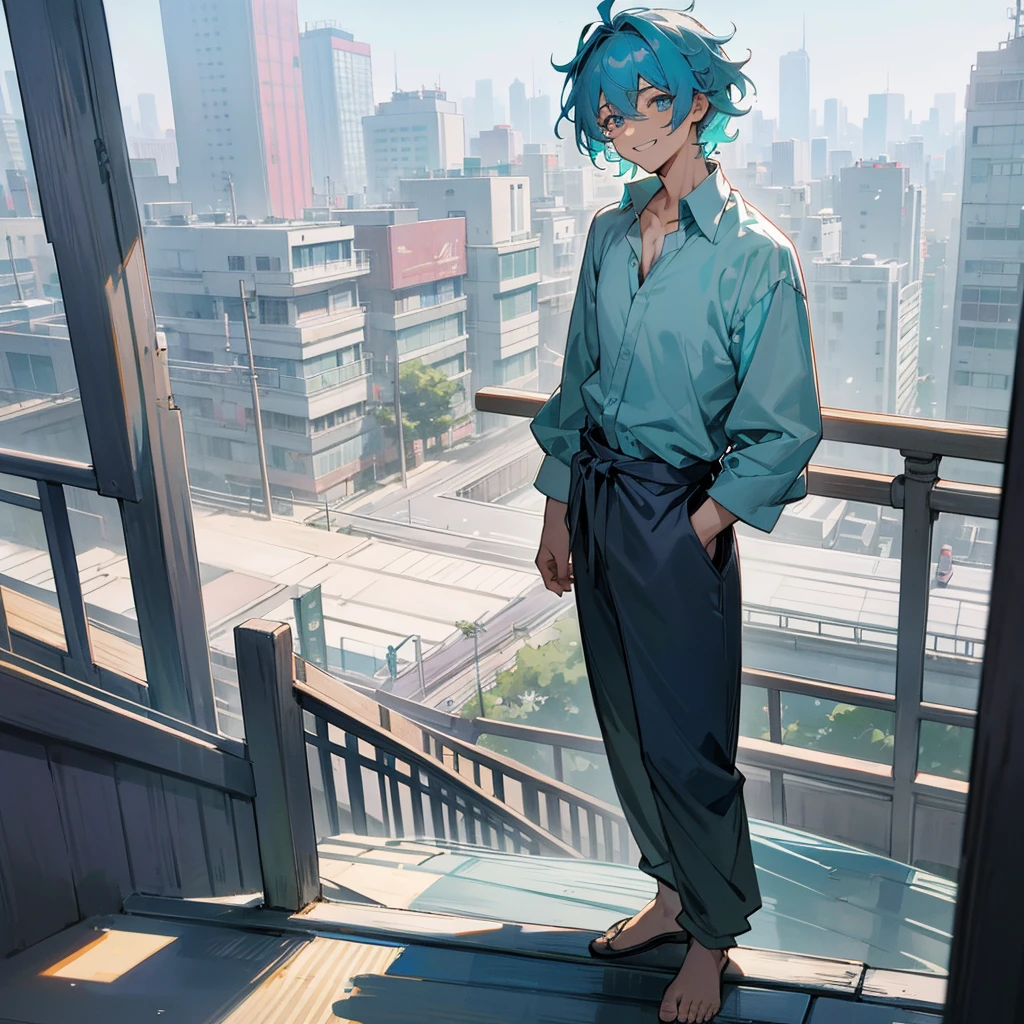 1male, adult, finely detailed aqua eyes, messy medium hair, two tone hair color, lavander hair color, blue hair color, loose dress shirt, loose dress pants, standing on building, day time, tokyo streets, calm expression, muscular, grin