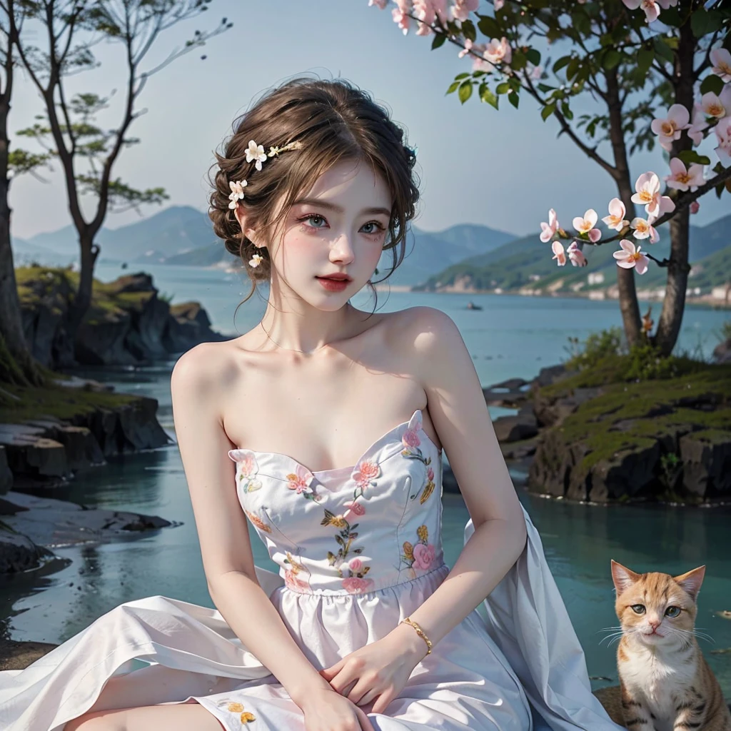 Masterpiece, Best quality, high resolution, realistic , hyperrealism , lifelike photography ,2024s, , alluring beautiful full body shot, (curly blondish brunette long hair, blue beautiful eyes), white skin with freckles,((( beautiful short cut naughty dress with flower embroidery and details ))), beautiful golden necklaces & bracelets, elegant bearing, beautiful landscape background of a rose & lilac & orchid garden, high budget , beautiful mesmerizing face and small nose, long and curly sparkling hair , holding a beautiful orange stray cat , clivage , sunset , pink clouds , yellowish red rays at the horizon, elegant posing, beautiful legs, fit body, gorgeous Russian woman standing and naughty posing at the lagoon shores, back shot, side shot , front shot, blue lagoon , full body shot at the frame , naughty smile , deep cut chest style dress,(( very short skirt)) ,windy summer breeze , reasonable naked body parts, reasonable nudity ,((((cute cats sitting around her)))), naughty girl , very cute smile, bra and underwear is seen