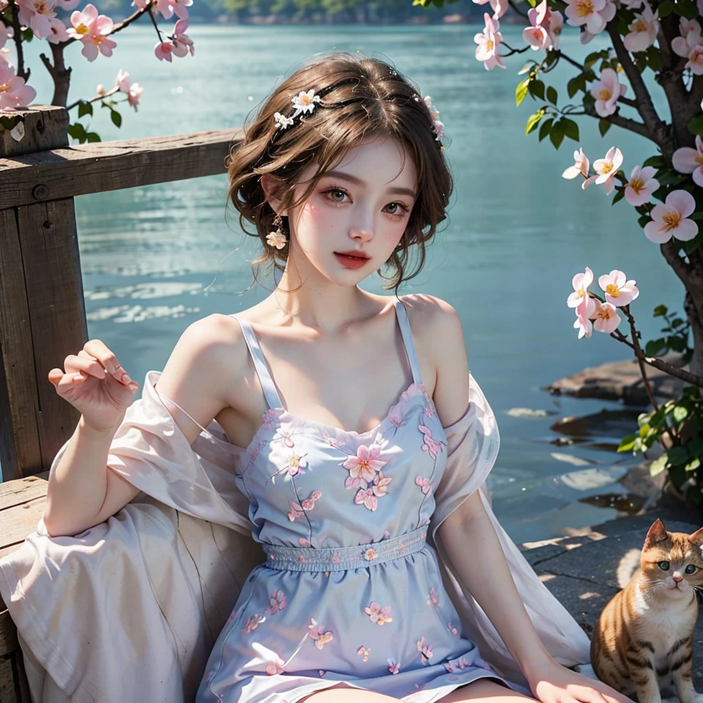Masterpiece, Best quality, high resolution, realistic , hyperrealism , lifelike photography ,2024s, , alluring beautiful full body shot, (curly blondish brunette long hair, blue beautiful eyes), white skin with freckles,((( beautiful short cut naughty dress with flower embroidery and details ))), beautiful golden  necklaces & bracelets, elegant bearing, beautiful landscape background of a rose & lilac & orchid garden, high budget , beautiful mesmerizing face and small nose, long and curly sparkling hair , holding a beautiful orange stray cat , clivage , sunset , pink clouds , yellowish red rays at the horizon, elegant posing, beautiful legs, fit body, gorgeous Russian woman standing and naughty posing at the lagoon shores, back shot, side shot , front shot, blue lagoon , full body shot at the frame , naughty smile , deep cut chest style dress,(( very short skirt)) ,windy summer breeze , reasonable naked body parts, reasonable nudity ,((((cute cats sitting around her)))), naughty girl , very cute smile, bra and underwear is seen