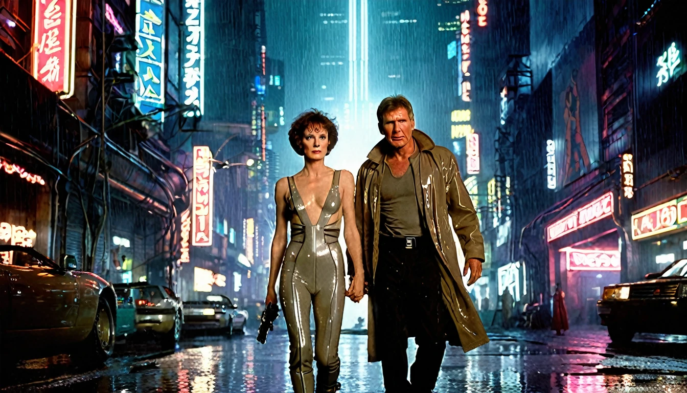 "Harrison Ford's character from Blade Runner, a tough detective in a trench coat, walks alongside Sigourney Weaver's character from Alien, a strong, determined woman in a space jumpsuit. They are set against the backdrop of a dark, futuristic cyberpunk cityscape. ,with neon lights, towering skyscrapers and a rainy and gloomy atmosphere." futuristic image highly detailed image, sharp focus, studio photography, xf iq 4, 1 5 0 0 0 0 mp, 5 0 mm, iso 2 0 0, 1/1 6 0 s, realistic, natural light, octane rendering, adobe lightroom, thirds resolution, symmetrical balance, depth layers, polarizing filter, ..., hd, color optics, ..., hd, opaque color, masterpiece