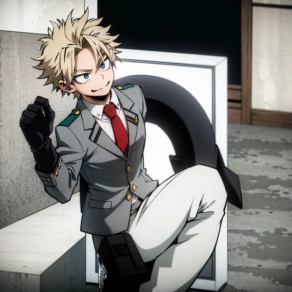 1boy, male focus, boku no hero academia, masterpiece, best quality, very aesthetic, absurdres, short spiky hair, blonde hair, green eyes, smirk, gray jacket, red tie, white shirt, teal pants, boots