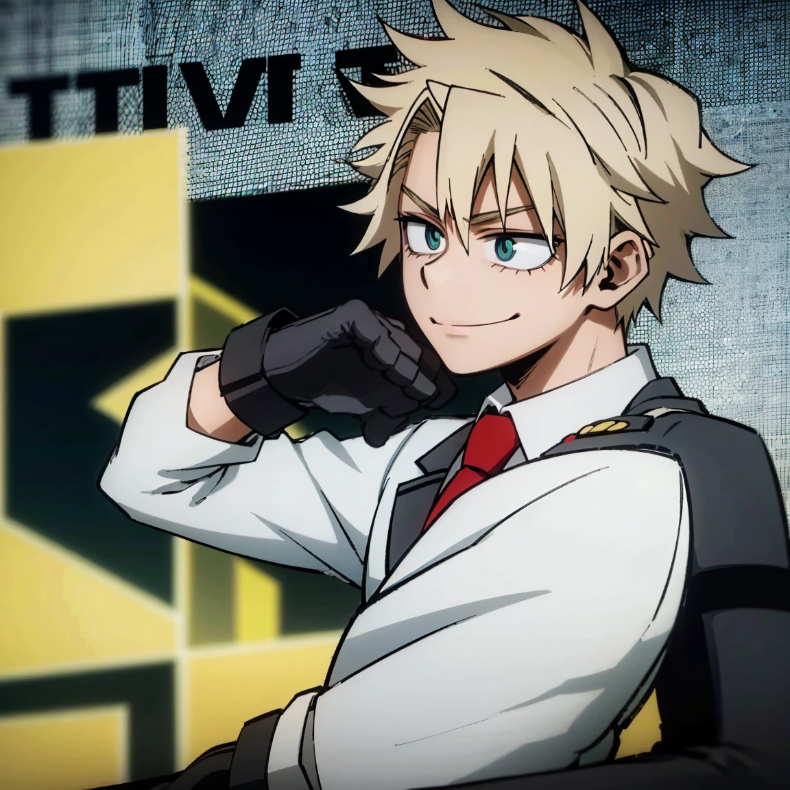 1boy, male focus, boku no hero academia, masterpiece, best quality, very aesthetic, absurdres, short spiky hair, blonde hair, green eyes, smirk, gray jacket, red tie, white shirt, teal pants, boots 