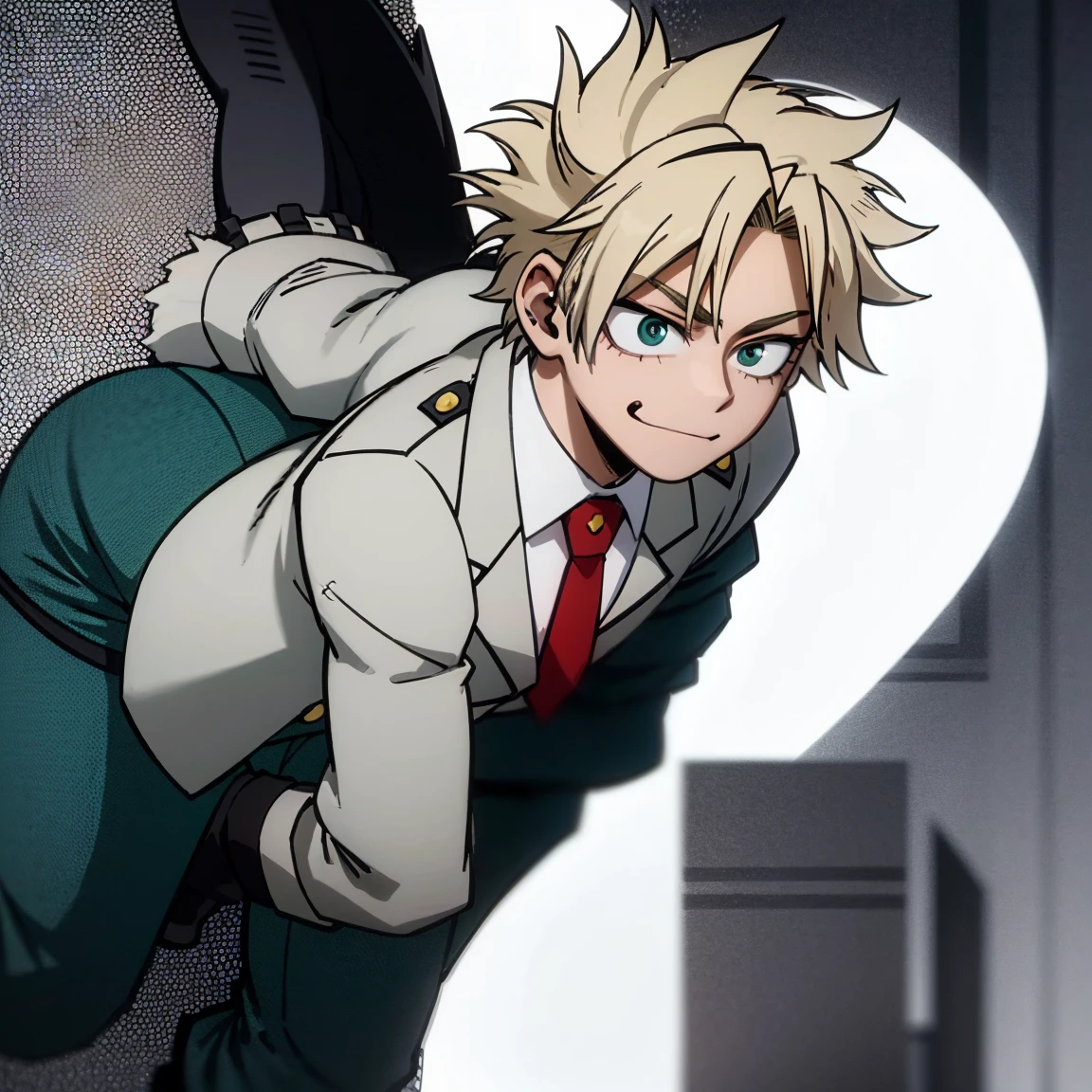 1boy, male focus, boku no hero academia, masterpiece, best quality, very aesthetic, absurdres, short spiky hair, blonde hair, green eyes, smirk, gray jacket, red tie, white shirt, teal pants, boots