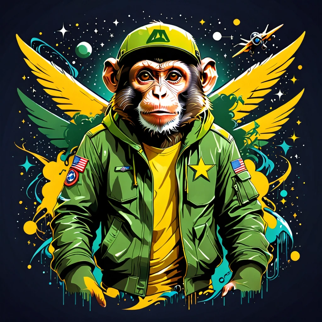 Vector t-shirt art design, centered, A monkey flying in the galaxy with fascist dictator clothes, militay clothes, yellow and green clothes, Brazilian monkey, galaxy, ultra quality, 8K, perfect details, cinematic light, afrofuturism