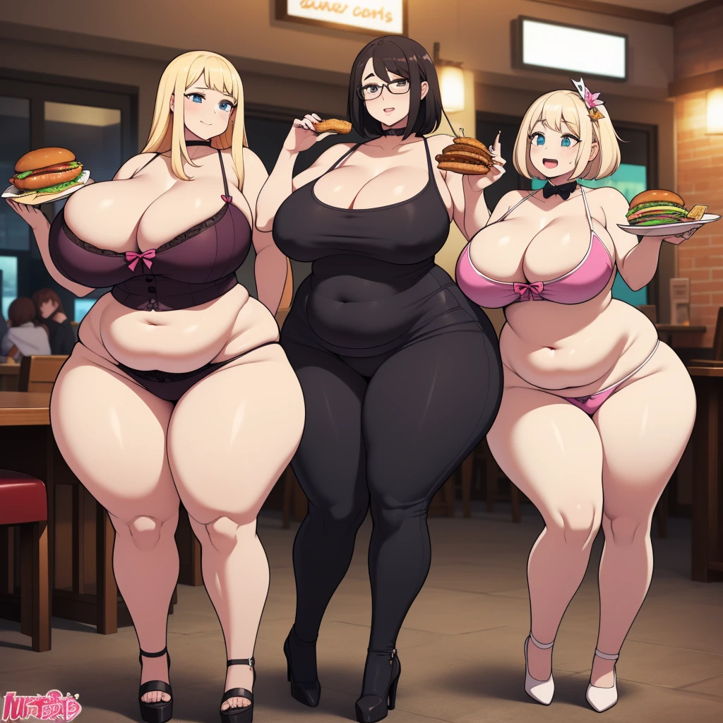 ((highres)), Masterpiece, high quality, best quality, beautiful, perfect lighting, detailed face, ultra cute face, ((3girls milf grand-Mother prostitute))enormous massive gigantic big large fat breasts, full body, fast food restaurant, enormous large breasts, ((wide hips)), (thick thighs), ((chubby prostitute)), pudgy belly, fat folds, standing,