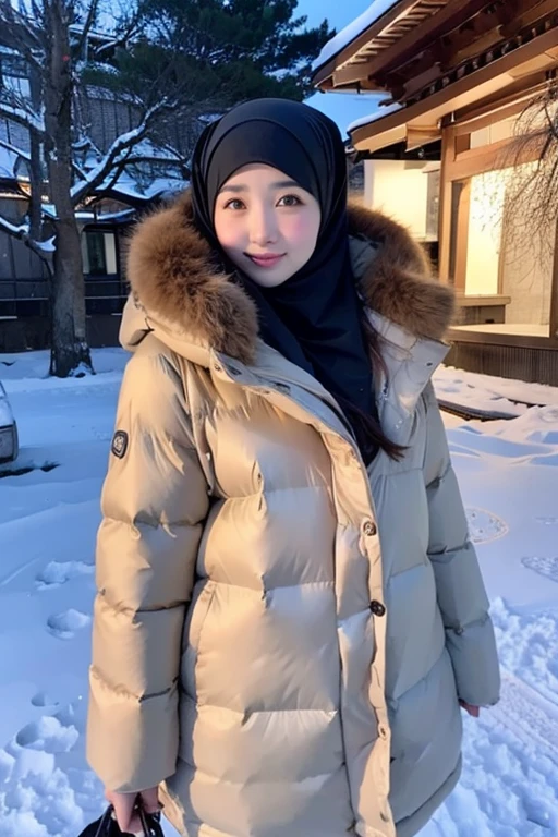 Best quality, 4K, 8K, Detailed faces,fully body photo, Clear face, Japanese muslim girl, 21 years old girl, Perfect body figure, Long slim legs, Pasmina hijab, Long down jacket with hood, Fur trim jacket, White jacket, Snowy Tokyo background 