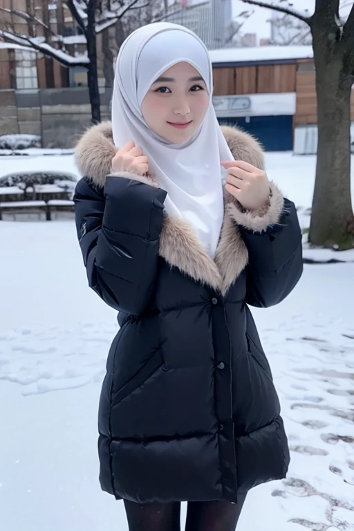 Best quality, 4K, 8K, Detailed faces,fully body photo, Clear face, Japanese muslim girl, 21 years old girl, Perfect body figure, Long slim legs, Pasmina hijab, Long down jacket with hood, Fur trim jacket, White jacket, Snowy Tokyo background 