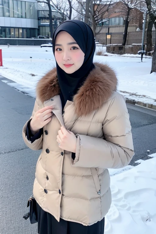 Best quality, 4K, 8K, Detailed faces,fully body photo, Clear face, Japanese muslim girl, 21 years old girl, Perfect body figure, Long slim legs, Pasmina hijab, Long down jacket with hood, Fur trim jacket, White jacket, Snowy Tokyo background 