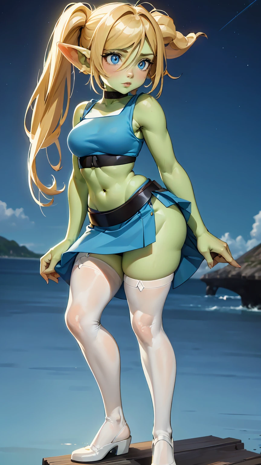 (Best quality,4K,8K,A high resolution,tmasterpiece:1.2),ultra - detailed,(actual,realistically,realistically:1.37), Ultra HD face, (airbubble:1.0), (combed blonde hair, eBlue eyes, Short double ponytail, pigtails), (a skirt, sky blue sleeveless dress belt, White stockings, white colors:1.5), (white background, solid color backdrop), (actual:1.2), (tmasterpiece:1.2), (Full body photo:1), neonlight, dark romantic lighting, (Very meticulous:1.2),(Detailed faces:1.2), (slope), Colorful, goblin girl, ((green skin)) Detailed eyes, (Detailed landscape:1.2), (natural lightting:1.2), (neutral posture, looking at viewert:1.2), (Alone, One guy, zauber:1.5), posterior view, photo seen from behind, Exquisite and smooth details, Upper part of the body, beautiful body, Elegant and smooth body, The lines are clear and smooth, White skin of the, , butt augmentation surgery, hip cocked, bigger, Pelvis larger than shoulder blades, Pelvic width, Fitness model, Ruddy cheeks,
