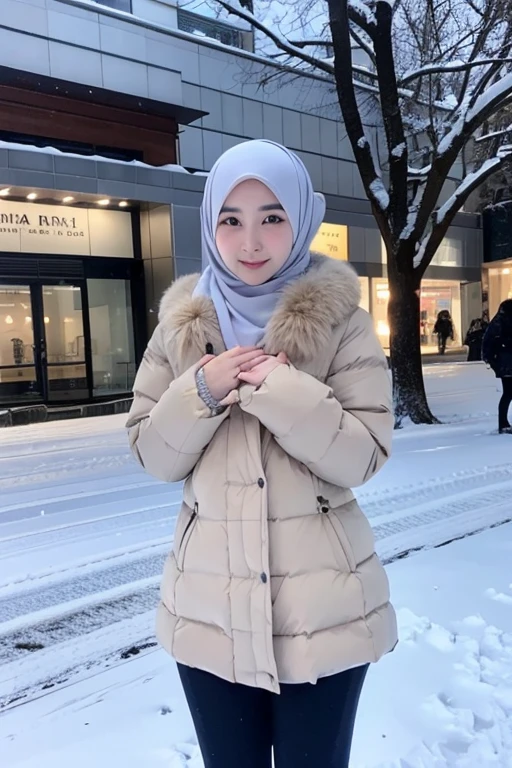 Best quality, 4K, 8K, Detailed faces,fully body photo, Clear face, Japanese muslim girl, 21 years old girl, Perfect body figure, Long slim legs, Pasmina hijab, Long down jacket with hood, Fur trim jacket, White jacket, Snowy Tokyo background 