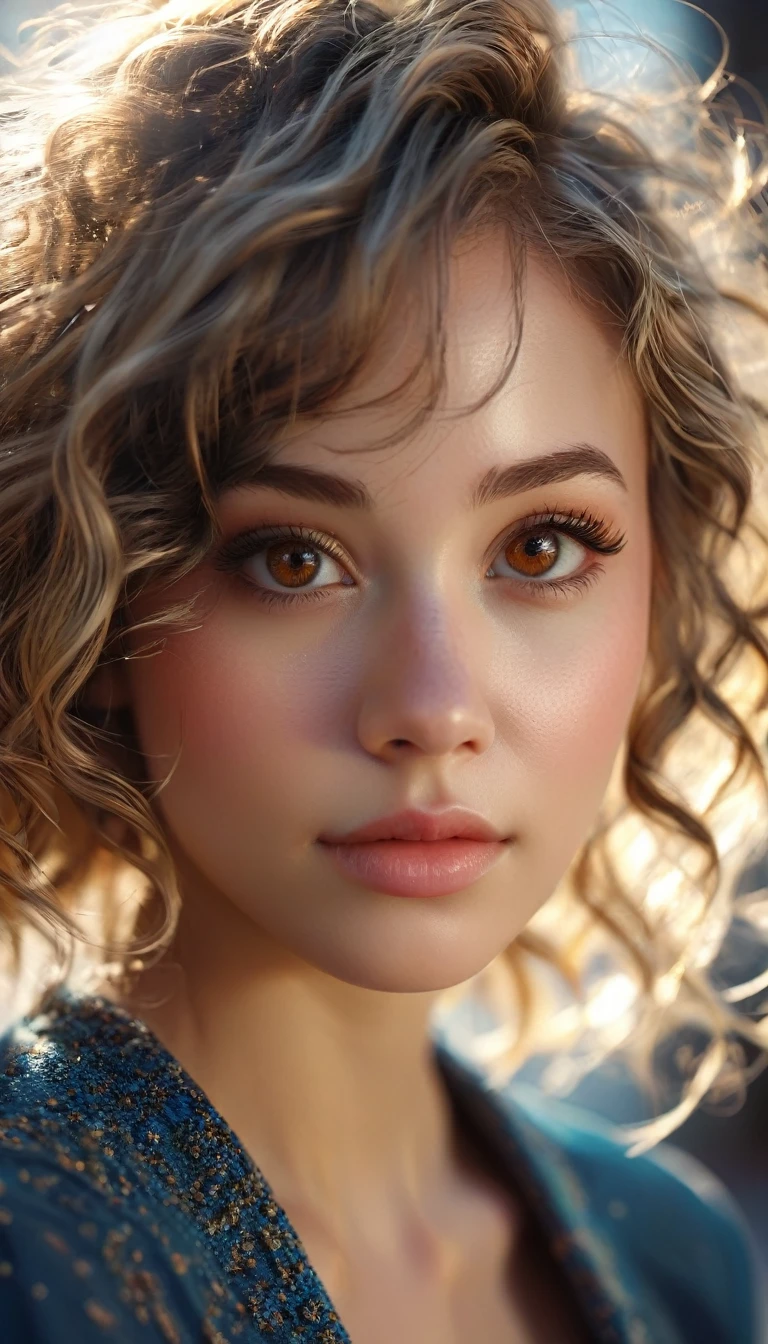 photorealistic Realism 8K, 16K Quality, (ultra absurd quality, extremely detailed detail, hyper resolution, clear sharp focus, not blurry, (Realistic brown_eyes:1.35)), ((perfect dark_eyeshadows:1.25)), (super Detailed, beautiful little nose:1.2), (perfect composition), Depth of field, cinematic light, Lens flare, (A woman with velvety skin:1.33), ((best high quality real texture hair)), (short blonde hair (wavy, combed up, behind the ear), extremely detailed:1.38), 