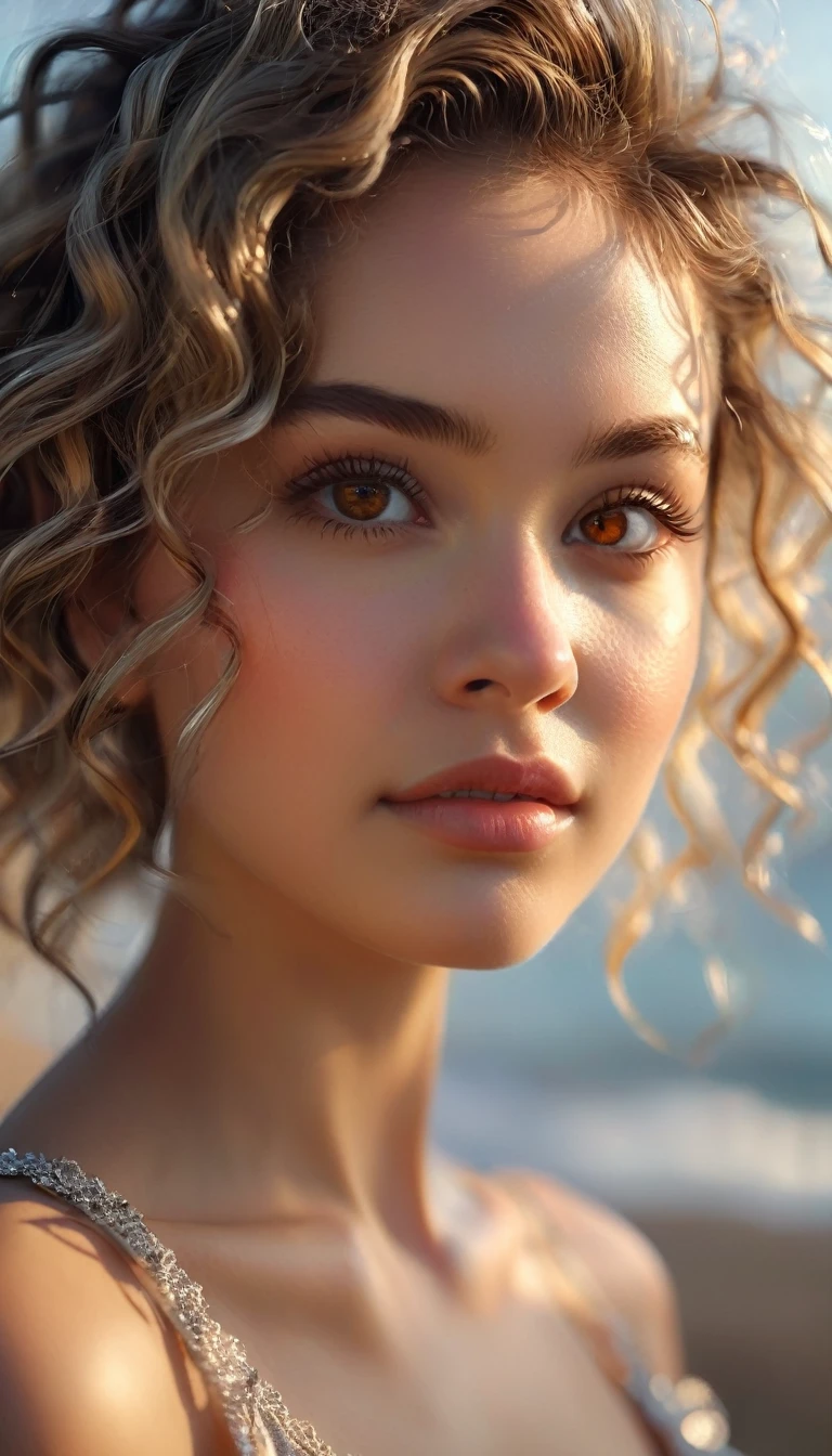 photorealistic Realism 8K, 16K Quality, (ultra absurd quality, extremely detailed detail, hyper resolution, clear sharp focus, not blurry, (Realistic brown_eyes:1.35)), ((perfect dark_eyeshadows:1.25)), (super Detailed, beautiful little nose:1.2), (perfect composition), Depth of field, cinematic light, Lens flare, (A woman with velvety skin:1.33), ((best high quality real texture hair)), (short blonde hair (wavy, combed up, behind the ear), extremely detailed:1.38), 
