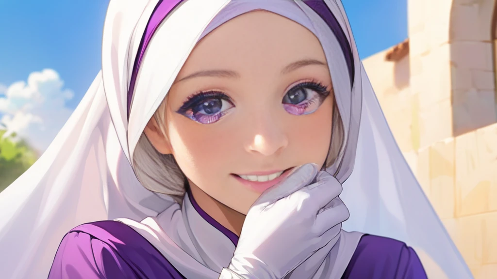 High-resolution anime digital art, Masterpiece, Female, Tomboy, Mature, Humble, Kind, Smart, pupil purple eyes, wearing white hijab, Wearing long purple dress, Women's white fabric gloves, happy face, vivid colours.