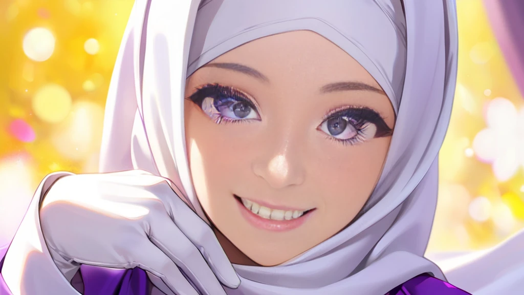 High-resolution anime digital art, Masterpiece, Female, Tomboy, Mature, Humble, Kind, Smart, pupil purple eyes, wearing white hijab, Wearing long purple dress, Women's white fabric gloves, happy face, vivid colours.