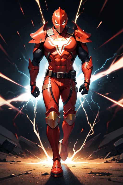 ((mejor calidad)), ((Obra maestra)), (detallado), 1 chica, suéter con hombros descubiertos, 1 man, full body, 30s, black masks, red helmet that covers his entire head, smooth helmet, helmet with a flashlight on his forehead, black collar, tall and muscular, very large, red armor, 2 large tubes, transparent electricity tubes on his chest, large red gloves, red wristbands, red suit, fist emblem with lightning bolts on his chest, fist, red pants, black knee pads, metallic red boots, superhero belt, lightning bolts in the air, hitting the track, lightning bolts come out, night city background, anime