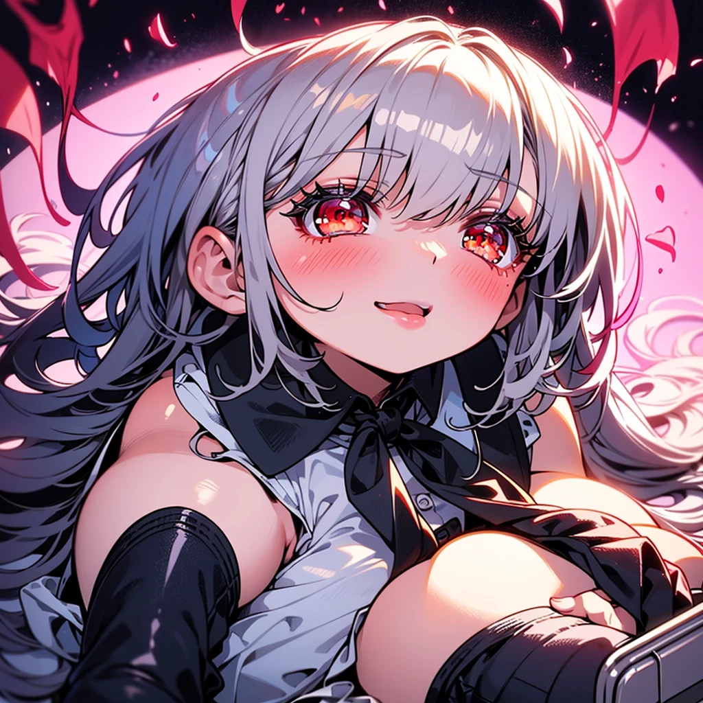 one girl, sitting on a desk at school, long black hair, red eyes, beautiful face, perfect and seductive body, plump thighs, black school clothes, red tie, black mid-thigh stockings, short skirt, breasts slightly larger than average Perfect body,cute,Blushing cheeks