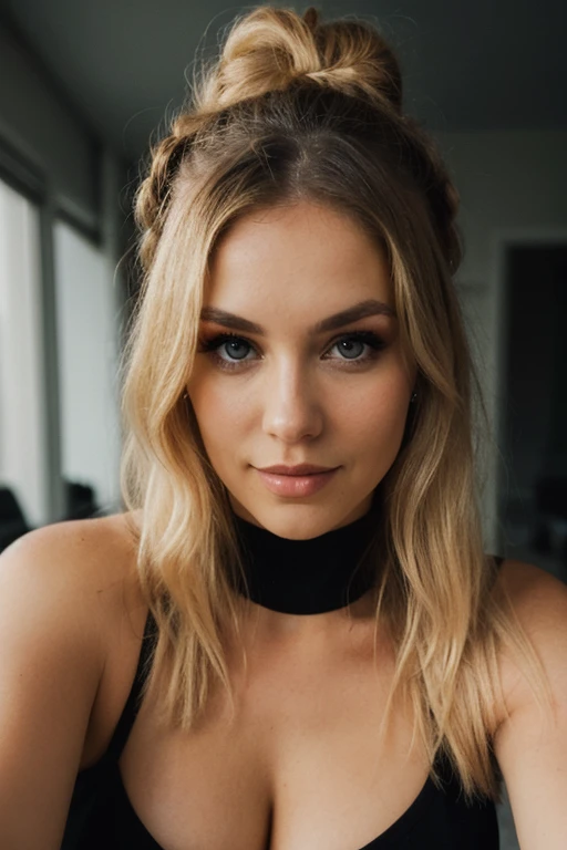 an eye contact of a blond with bun hair and dark theme, big tits aréola view