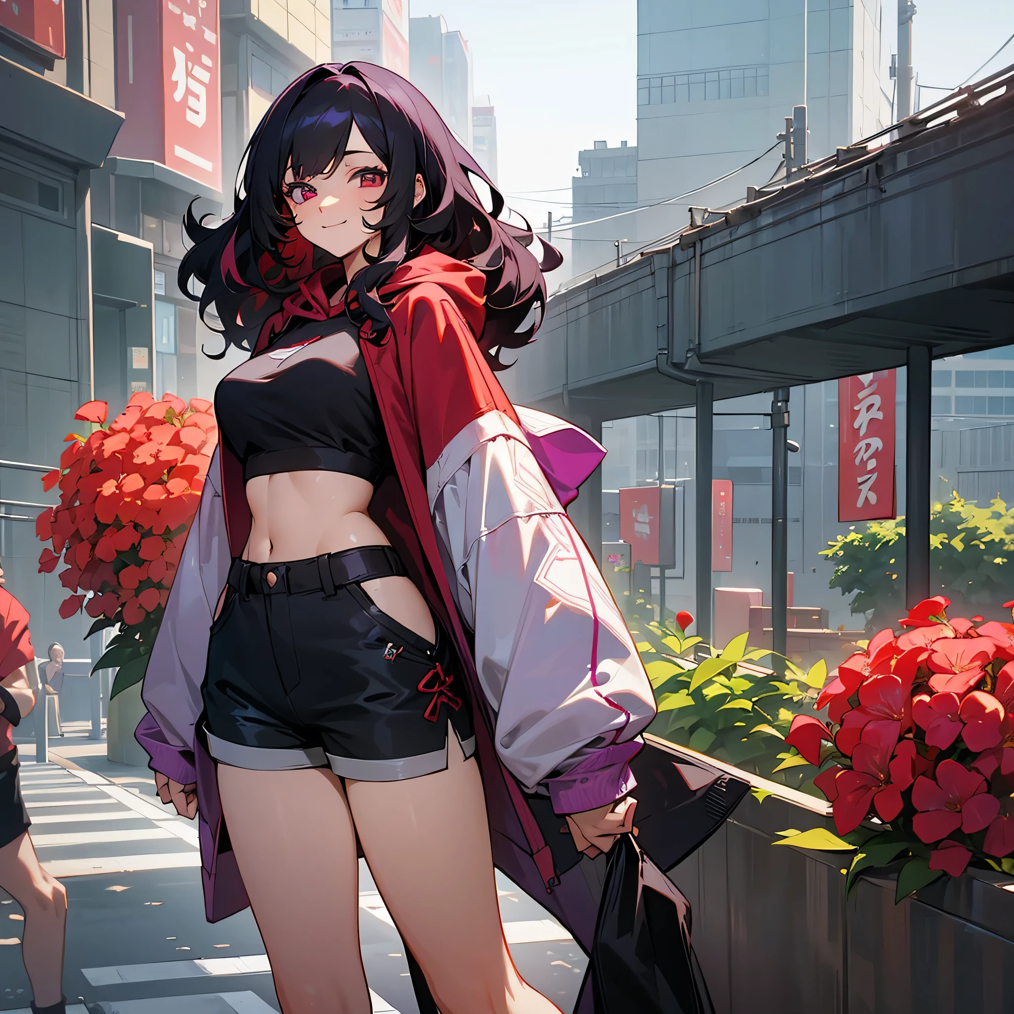 1female, adult, sexy, finely detailed crimson eyes, curly medium hair, two tone hair color, eggplant hair color, black hair color, oversized crop top hoodie, baggy shorts, standing on building, day time, tokyo streets, calm expression, smile, flowers