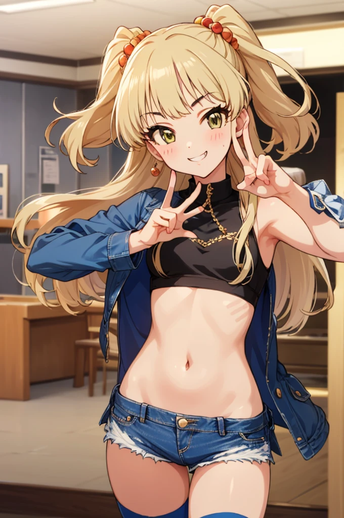 , aarika, long hair, two side up, hair bobbles, small breasts, looking viewer,evil smile,,crop top,bare arms,navel,denim skirt,thighhighs,(((Gyaru))),indoor,blush,,peace sign,standing