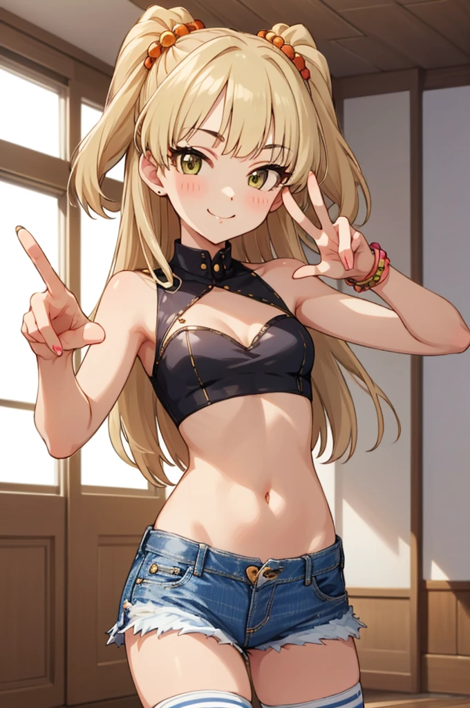 , aarika, long hair, two side up, hair bobbles, small breasts, looking viewer,evil smile,,crop top,bare arms,navel,denim skirt,thighhighs,(((Gyaru))),indoor,blush,,peace sign,standing