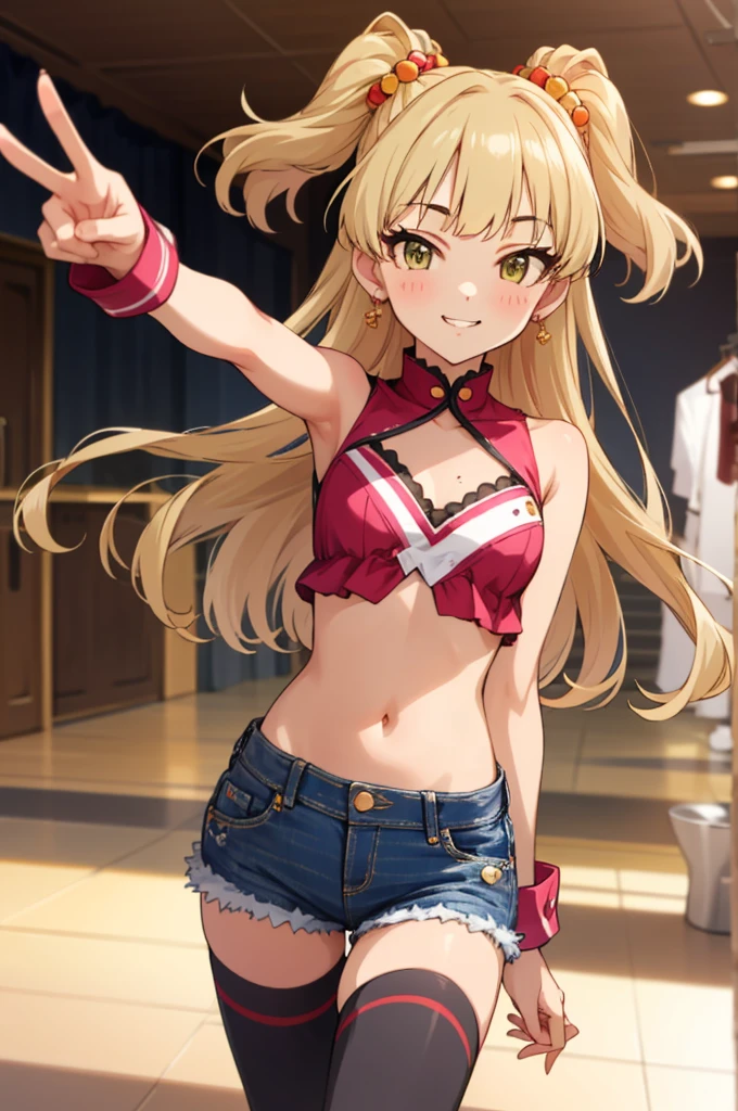 , aarika, long hair, two side up, hair bobbles, small breasts, looking viewer,evil smile,,crop top,bare arms,navel,denim skirt,thighhighs,(((Gyaru))),indoor,blush,,peace sign,standing