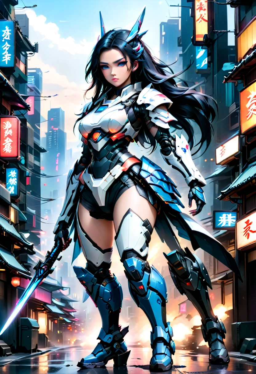 Japanese water color art picture of a mecha samurai woman in cyberpunk city, a mecha samurai woman, exquisite beautiful woman, (fully clothed: 1.3), black hair, long hair, (blue eyes: 1.3), she stands ready to battle, wearing (white mecha armor: 1.3), high heeled boots, she is armed with a Japanese sword, Japanese Cyberpunk city at night, background, (Masterpiece: 1.5), 16k, highres, best quality, high details, ultra detailed, masterpiece, best quality, (extremely detailed), arafed, mecha, 
