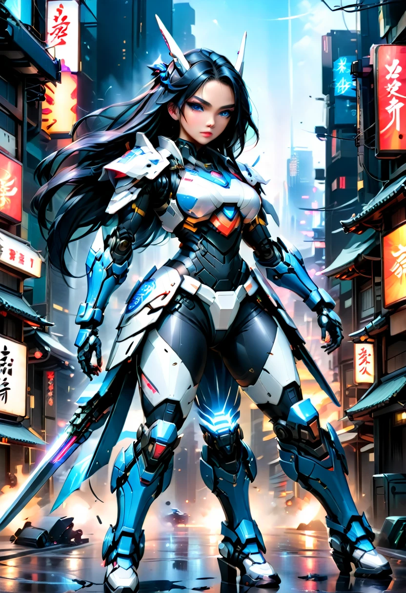 Japanese water color art picture of a mecha samurai woman in cyberpunk city, a mecha samurai woman, exquisite beautiful woman, (fully clothed: 1.3), black hair, long hair, (blue eyes: 1.3), she stands ready to battle, wearing (white mecha armor: 1.3), high heeled boots, she is armed with a Japanese sword, Japanese Cyberpunk city at night, background, (Masterpiece: 1.5), 16k, highres, best quality, high details, ultra detailed, masterpiece, best quality, (extremely detailed), arafed, mecha,